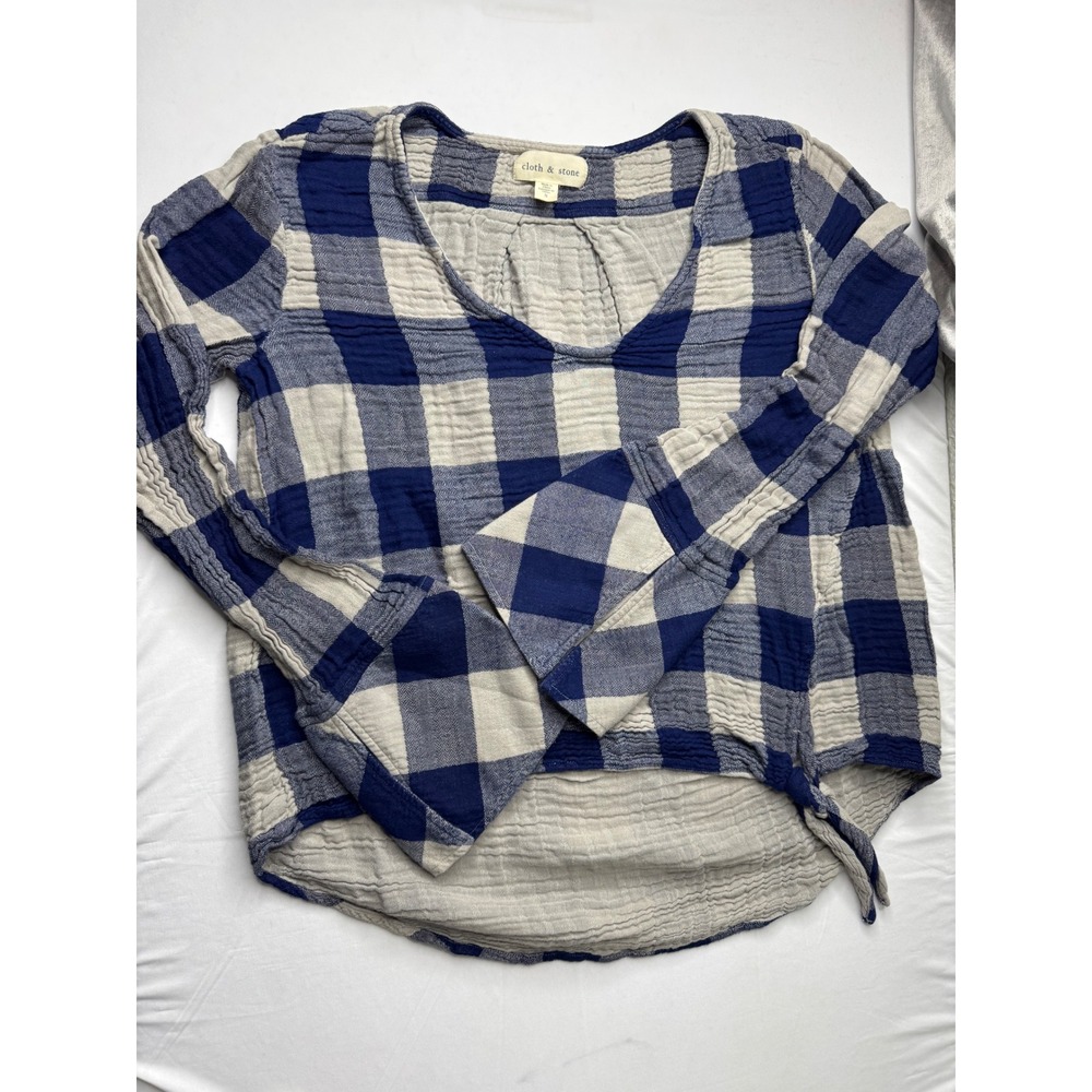 Cloth & Stone Blue Plaid V-Neck Textured Gauze Top Side Tie High Low Small